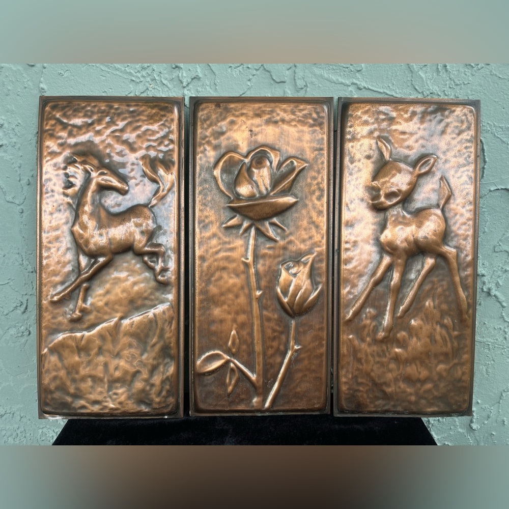 Vintage Germany Embossed Copper Horse/Deer/Rose Wall Artwork Set (of 3)